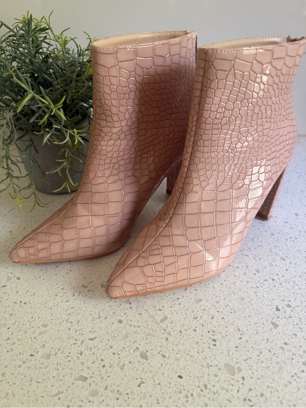 Alligator Skin Booties Croc-Embossed Pointed Toe Ankle Boots in Blush Pink